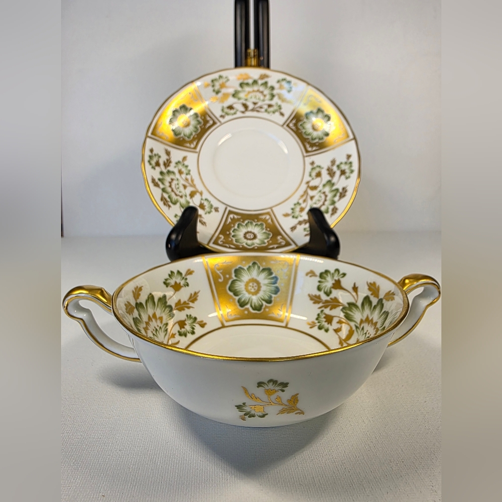 Vintage Derby Green Panel Gold  Floral Set 8 Cups/bowl & 8 Saucers.